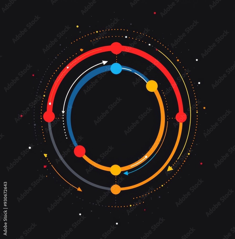 Poster colorful process cycle infographics on dark background illustrating step-by-step workflow