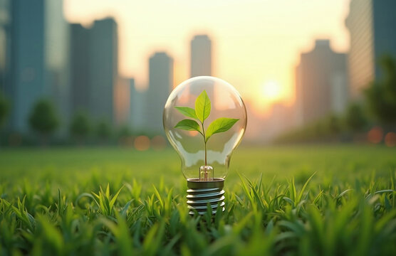 Ville verte, concept de ville &eacute;cologique, ampoule avec pousse de plante verte &agrave; l'int&eacute;rieur arri&egrave;re plan sur la ville