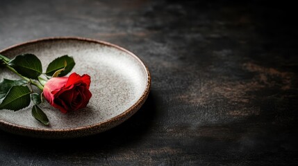Single red rose lying gracefully on a textured ceramic plate, creating a serene and delicate aesthetic against a dark and rustic background.