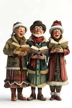 Three joyful elderly carolers dressed in warm winter clothes, singing Christmas songs togethe