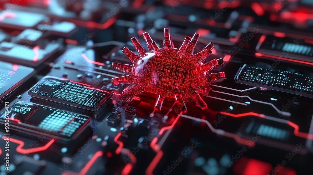 Poster a red virus, symbolizing a cyber threat, is shown attacking a circuit board, representing the vulner