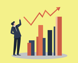 Businessman Pointing at Growing Bar Chart on Yellow Background for Business Presentations and Reports