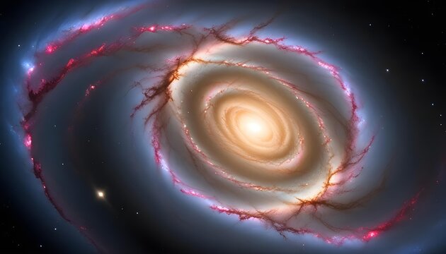 A swirling spiral galaxy with a bright central core, surrounded by colorful plasma-like tendrils and glowing clouds of gas