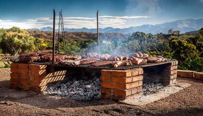 Argentinian asado grill filled with an assortment of meats, embers glowing parilla

