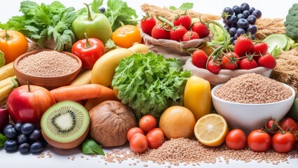 A Bountiful Harvest: A vibrant assortment of fresh fruits, vegetables, and grains, symbolizing healthy eating, balanced nutrition, and a wholesome lifestyle.