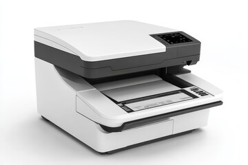 A sleek and modern document scanner designed for high-speed scanning, perfect for businesses and home offices. It features a flatbed scanner and automatic document feeder, offering versatility and eff