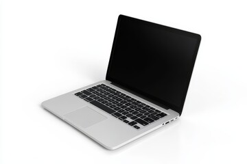 A sleek silver laptop with a blank black screen isolated on a white background. This image symbolizes technology, business, productivity, and the potential for creativity and innovation.