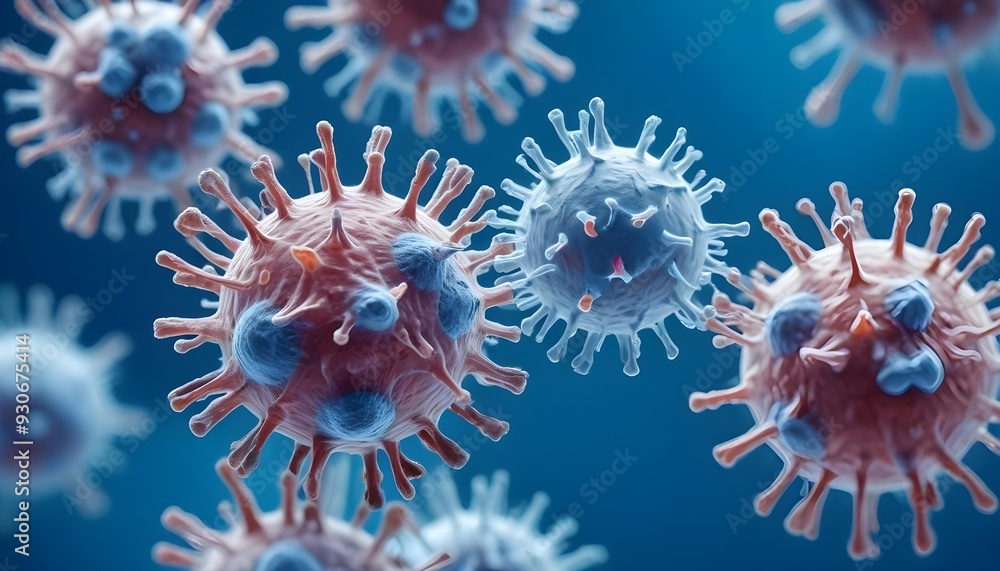 Wall mural microscopic view of virus particles with spikes on a blue background
