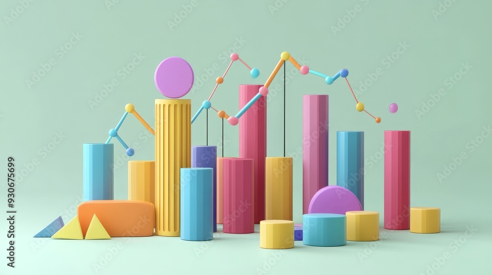 Poster a vibrant 3d illustration depicting a colorful data visualization graph with geometric shapes, symbo