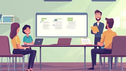 A team of four people, including a leader, are gathered in a modern office setting for a productive meeting. They are reviewing a whiteboard filled with notes and engaging in meaningful discussions. T