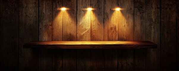 Empty wooden shelf with warm lighting on wooden wall background