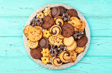 Mix of cookies . Many unhealthy snacks . Top view