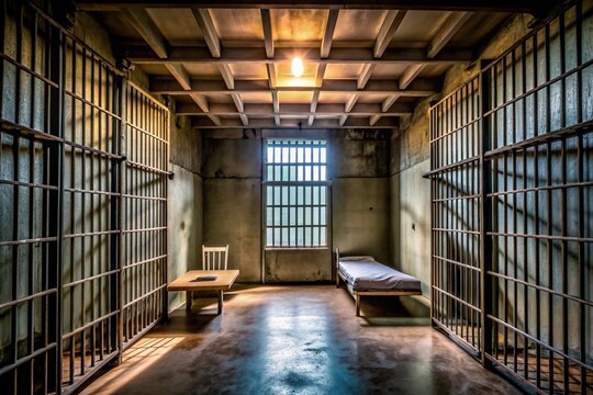 A prison cell with a bed and a table
