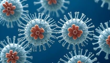 Microscopic view of  virus particles, with spherical structures and spike proteins on the surface against a blue background
