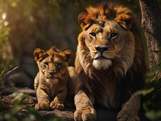 Fototapeta premium Lion with cub. Cinematic 8k nature wildlife photograph illustration
