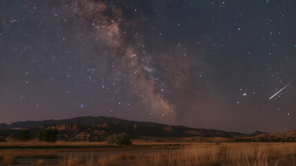 In the tranquil night, the Milky Way spans the sky, the majestic mountain range stands out clearly in the starlight, a meteor streaks across the night sky, disappearing on the horizon, a serene, myste