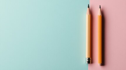 Two differently colored pencils rest on a pastel split background, creating a minimalist and aesthetically pleasing scene that emphasizes simplicity and contrast.