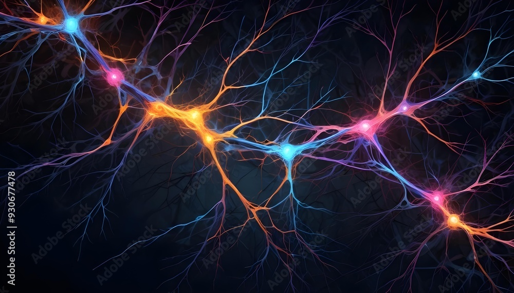 Wall mural colorful neural network with glowing synapses and neurons against a dark background