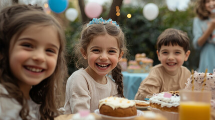 Three young children celebrating a birthday with cake, laughter, and joy. The image captures the essence of childhood friendship and the excitement of a special occasion.
