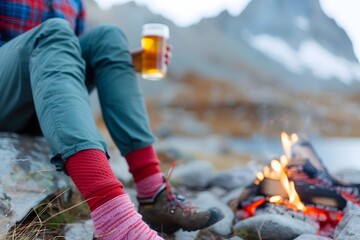 holding a beer bottle while camping