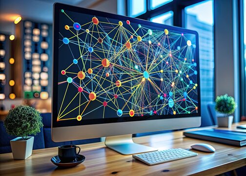 Data visualization on computer screen shows complex network of interconnected nodes and lines, representing in-depth software analysis and system architecture.