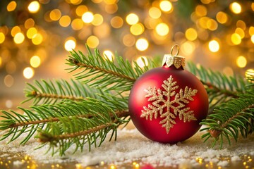 A red Christmas ornament with a snowflake design sits on a table covered in snow