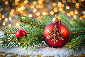 Obraz premium A red Christmas ornament with a snowflake design sits on a table covered in snow