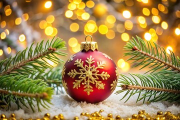 A red Christmas ornament with a snowflake design sits on a table covered in snow