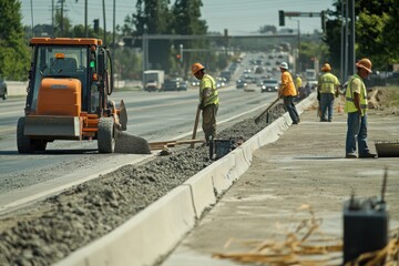 Road construction workers building highway median