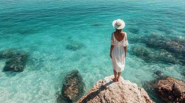 Fototapeta A serene scene featuring a woman in a white dress and hat standing on a rock, gazing at the turquoise sea, embodying tranquility and the beauty of nature's simplicity.