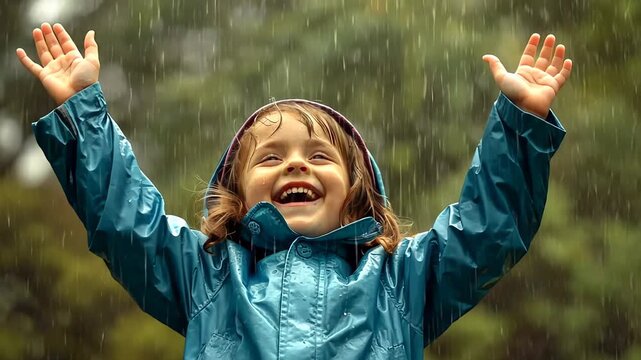 A joyful child in a blue rain jacket enjoying the rain under grey skies