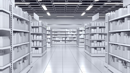 Supermarket interior mockup with aisle between shelving of blank goods. 3d illustration