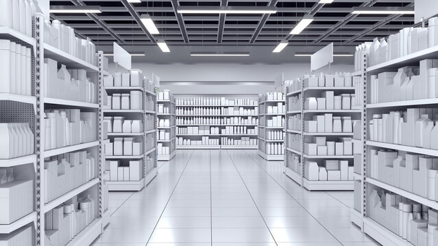 Supermarket interior mockup with aisle between shelving of blank goods. 3d illustration