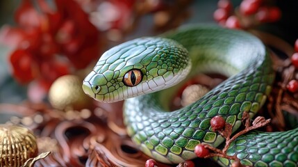 Fototapeta premium Close-up of Vibrant Green Snake on Natural Background with Red Berries