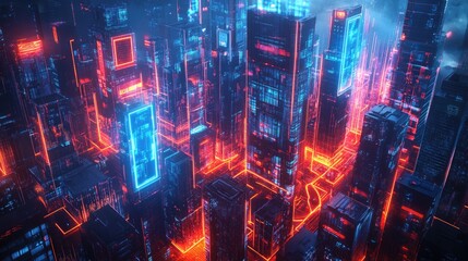 Futuristic Cyberpunk Cityscape with Neon Lights and High-Tech Skyscrapers