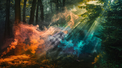 A forest with smoke and colorful light shining through the trees
