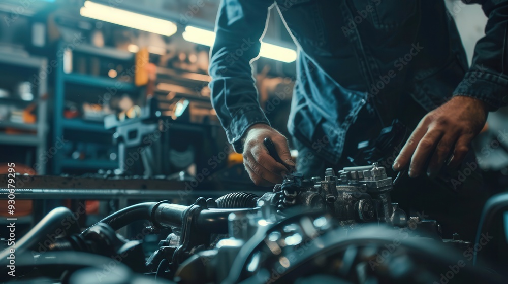 Poster a skilled mechanic conducts a computer diagnosis on a car while working on intricate engine repairs 