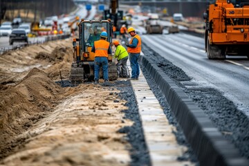 Road construction crew working on highway expansion project