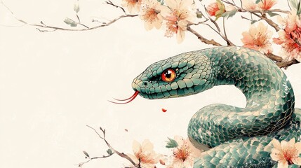 Obraz premium Vibrant Green Snake Amidst Blossoming Branches - Serene Wildlife Illustration