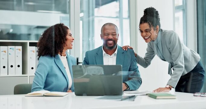 Business, people and clapping in office, laptop and success of pitch, desk and collaboration in company. Corporate, women and reading of email by man, proposal and congratulations for deal and bank