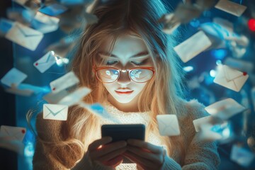 Stunning collage  beautiful girl checking notifications on smartphone in creative photo