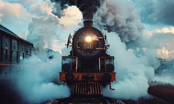 A vintage steam locomotive train chugs through clouds of steam, illuminating the tracks with a bright light.