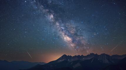 Naklejka premium In the tranquil night, the Milky Way spans the sky, the majestic mountain range stands out clearly in the starlight, a meteor streaks across the night sky, disappearing on the horizon, a serene, myste