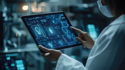 Scientist Analyzing Medical Data on Tablet in High-Tech Laboratory - Medical Research and Innovation