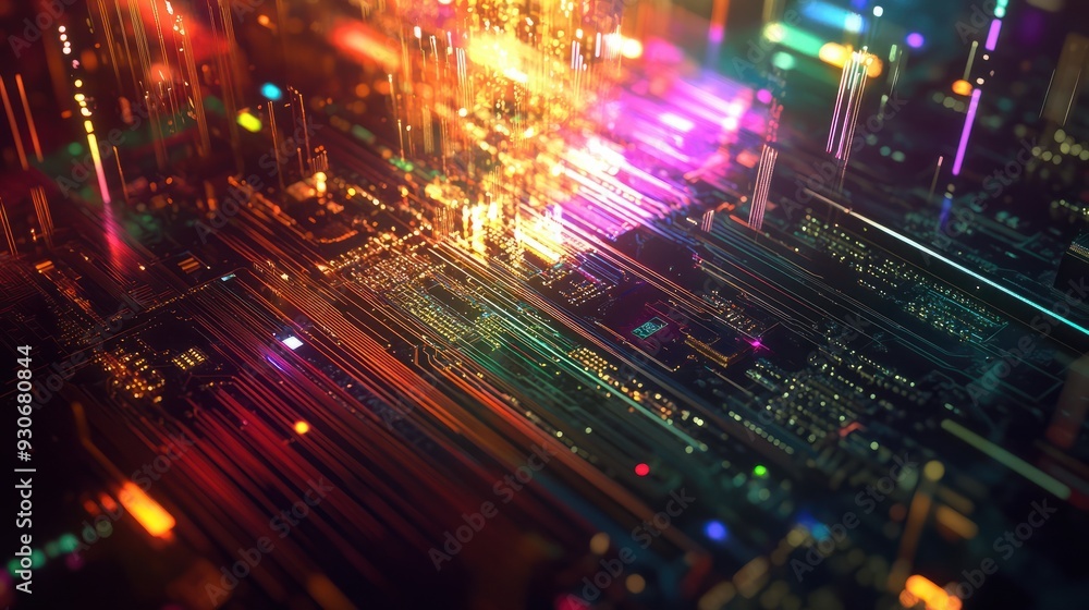 Poster ai word on microchip and colorful light spread with strong beam , ai concept with copyspace banner b