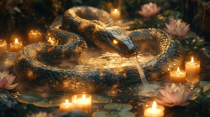 Fototapeta premium Mystical Snake Statue in Enchanted Garden with Glowing Candles and Water Lilies at Night