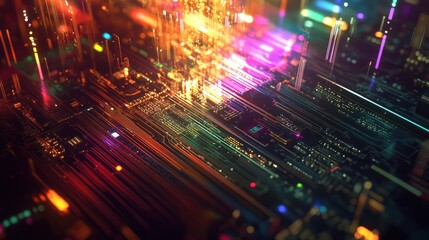 Obraz premium AI word on microchip and colorful light spread with strong beam , AI concept with copyspace banner background, Generative AI.