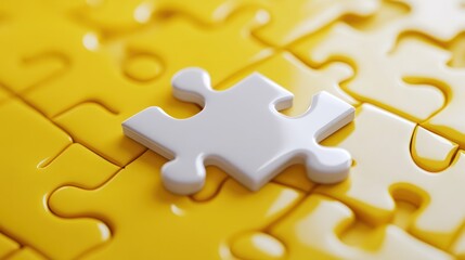 Fototapeta premium An isolated white puzzle piece fits into a yellow puzzle, illustrating the concepts of teamwork and integration