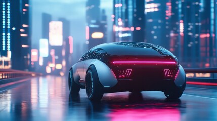 Fototapeta premium Autonomous electric vehicle with illuminated details traverses a digitally-enhanced smart cityscape under twilight hues demonstrating advanced technology and sustainability