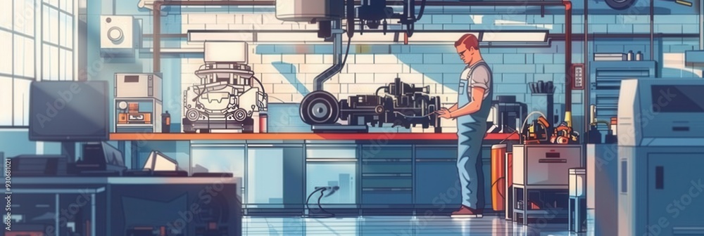 Poster a mechanic conducts a computer diagnosis on a car while working on engine repairs in a well-lit auto